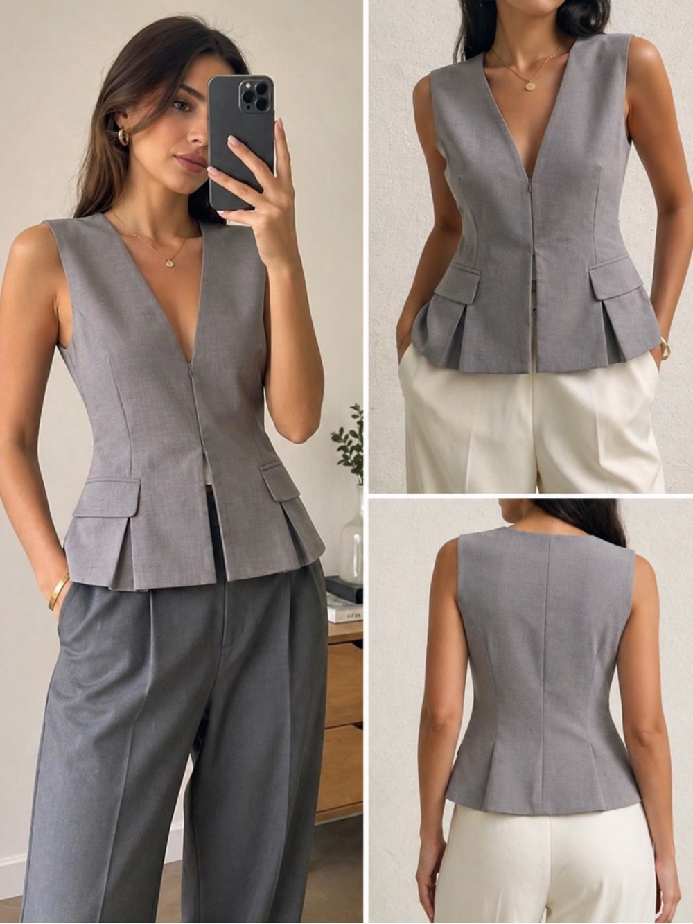 ZARA Structured Sleeveless V-neck Vest Top Gray | Peplum | Hidden Closure size L